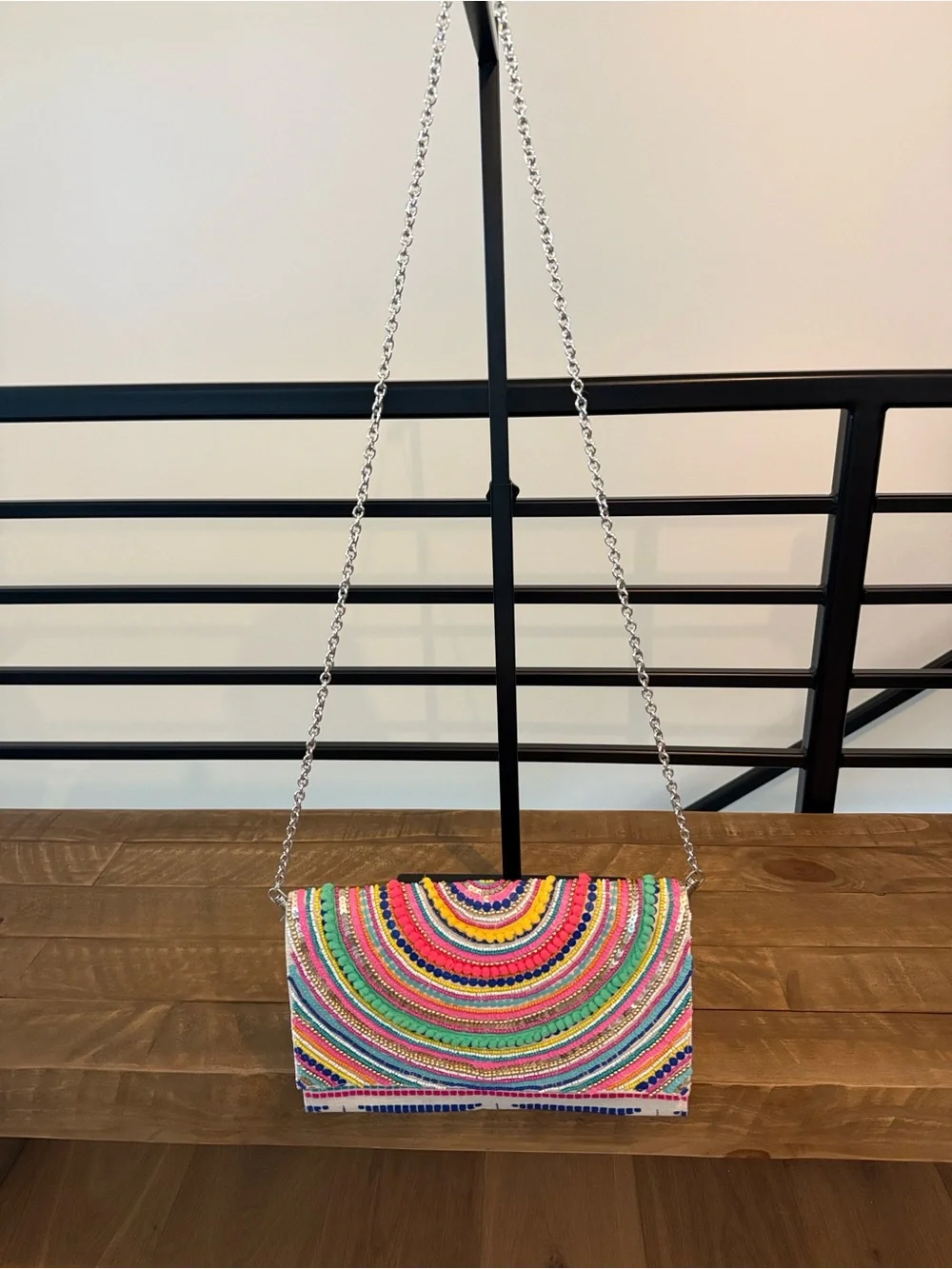 Multicolor Beaded Crescent-Pattern Clutch with Chain Strap